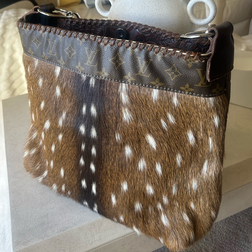 Axis Deer Hide Tooled Leather Tote Upcycled Louis Vuitton Inserts - Picture 17 of 17
